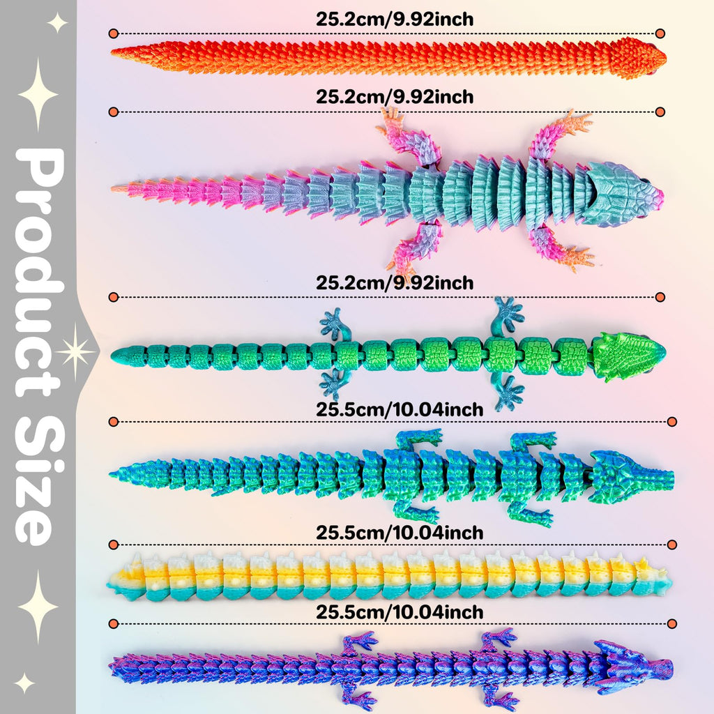 6 Large Articulated 3D Printed Animals – Dragon, Snake, Crocodile, Gecko, Lizard & Caterpillar Fidget Toys by 3Dgenius