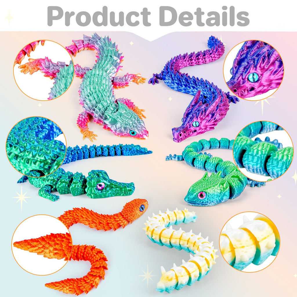 6 Large Articulated 3D Printed Animals – Dragon, Snake, Crocodile, Gecko, Lizard & Caterpillar Fidget Toys by 3Dgenius