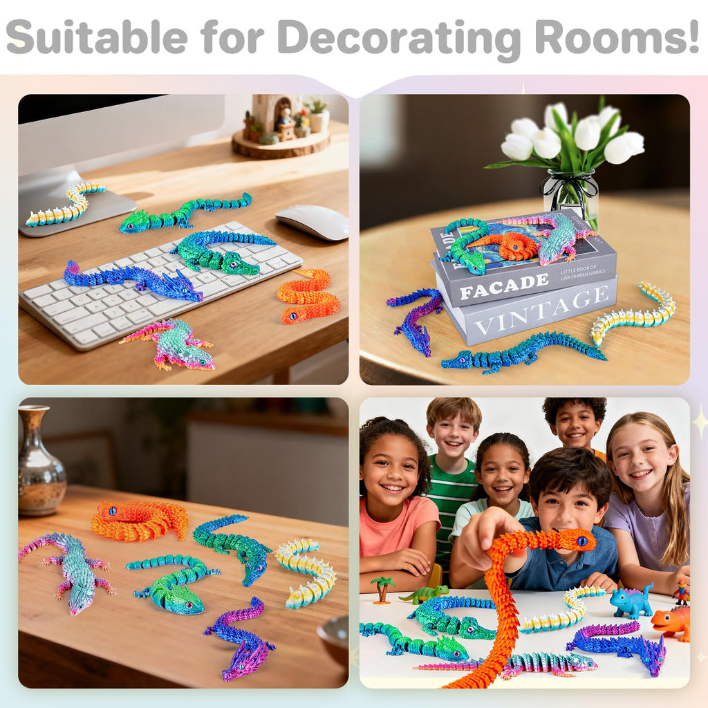 6 Large Articulated 3D Printed Animals – Dragon, Snake, Crocodile, Gecko, Lizard & Caterpillar Fidget Toys by 3Dgenius