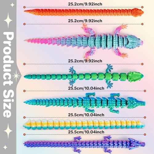 6 Large Articulated 3D Printed Animals – Dragon, Snake, Crocodile, Gecko, Lizard & Caterpillar Fidget Toys by 3Dgenius