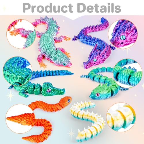 6 Large Articulated 3D Printed Animals – Dragon, Snake, Crocodile, Gecko, Lizard & Caterpillar Fidget Toys by 3Dgenius