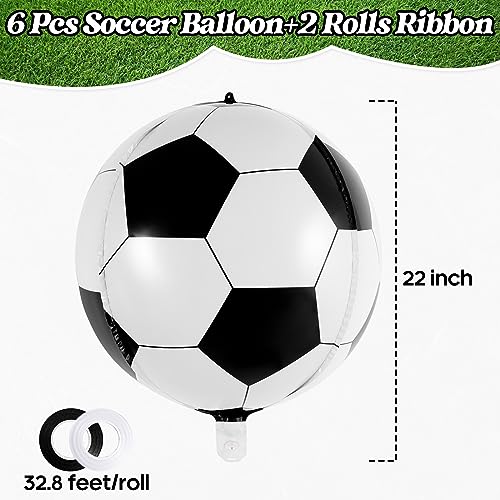6 Pack 22 Inch Foil Soccer Balloons with Ribbon – Reusable Mylar Balloons for Soccer Themed Parties