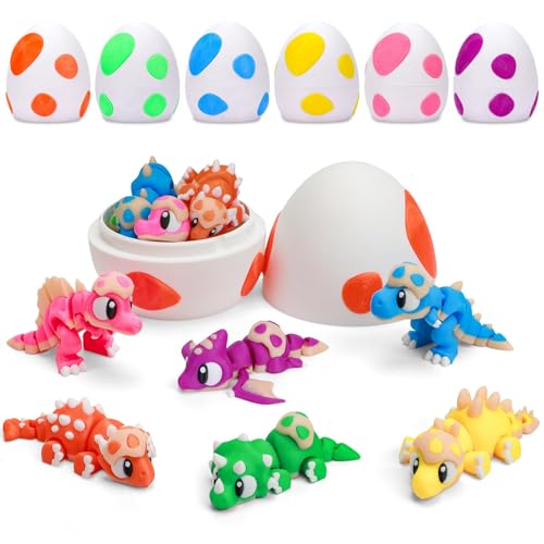 6-Pack 3D Printed Dinosaur Eggs with Articulated Mini Dinosaurs Inside – T-Rex, Triceratops, Stegosaurus, Spinosaurus, Ankylosaurus, Pterosaur – Fidget Toy & Easter Basket Stuffer