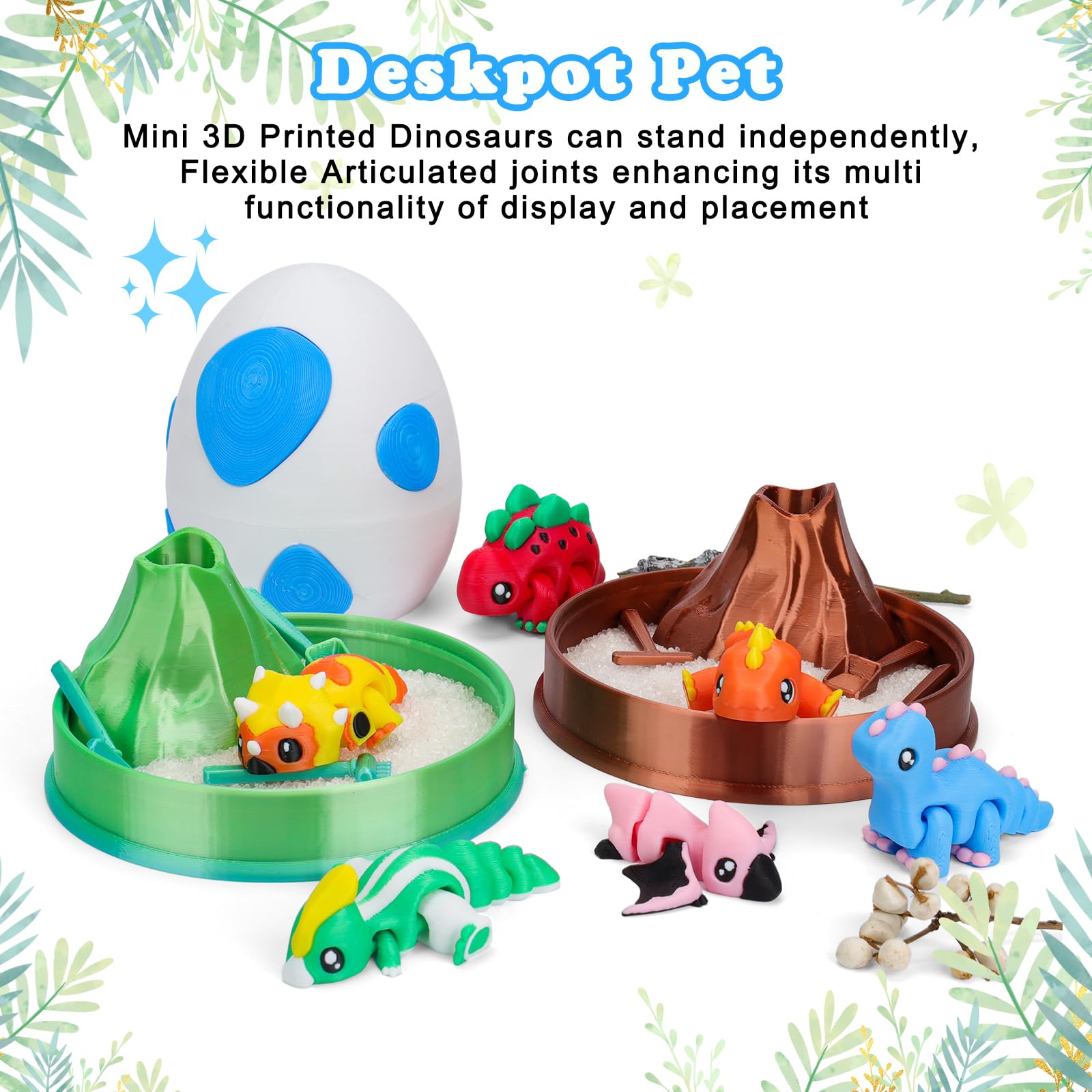 6-Pack 3D Printed Rainbow Dinosaurs with Dragon Egg – Articulated Miniature Figurines for Fidgeting, Collection, and Party Favors