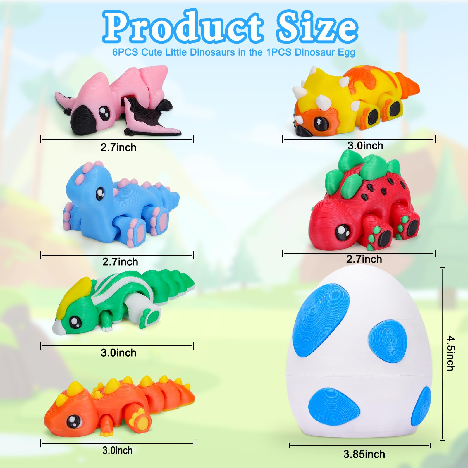 6-Pack 3D Printed Rainbow Dinosaurs with Dragon Egg – Articulated Miniature Figurines for Fidgeting, Collection, and Party Favors
