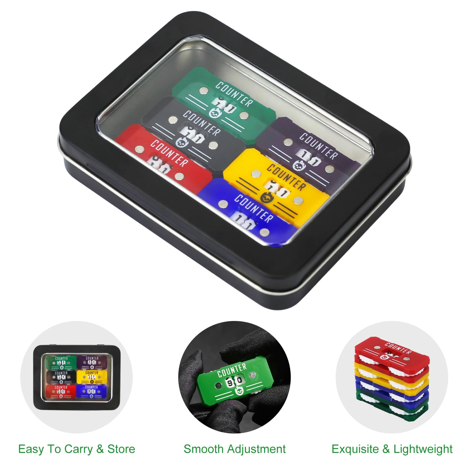 6-Pack Acrylic Life Counter Set with Magnetic Dial and Metal Box for MTG D&D Tabletop Games