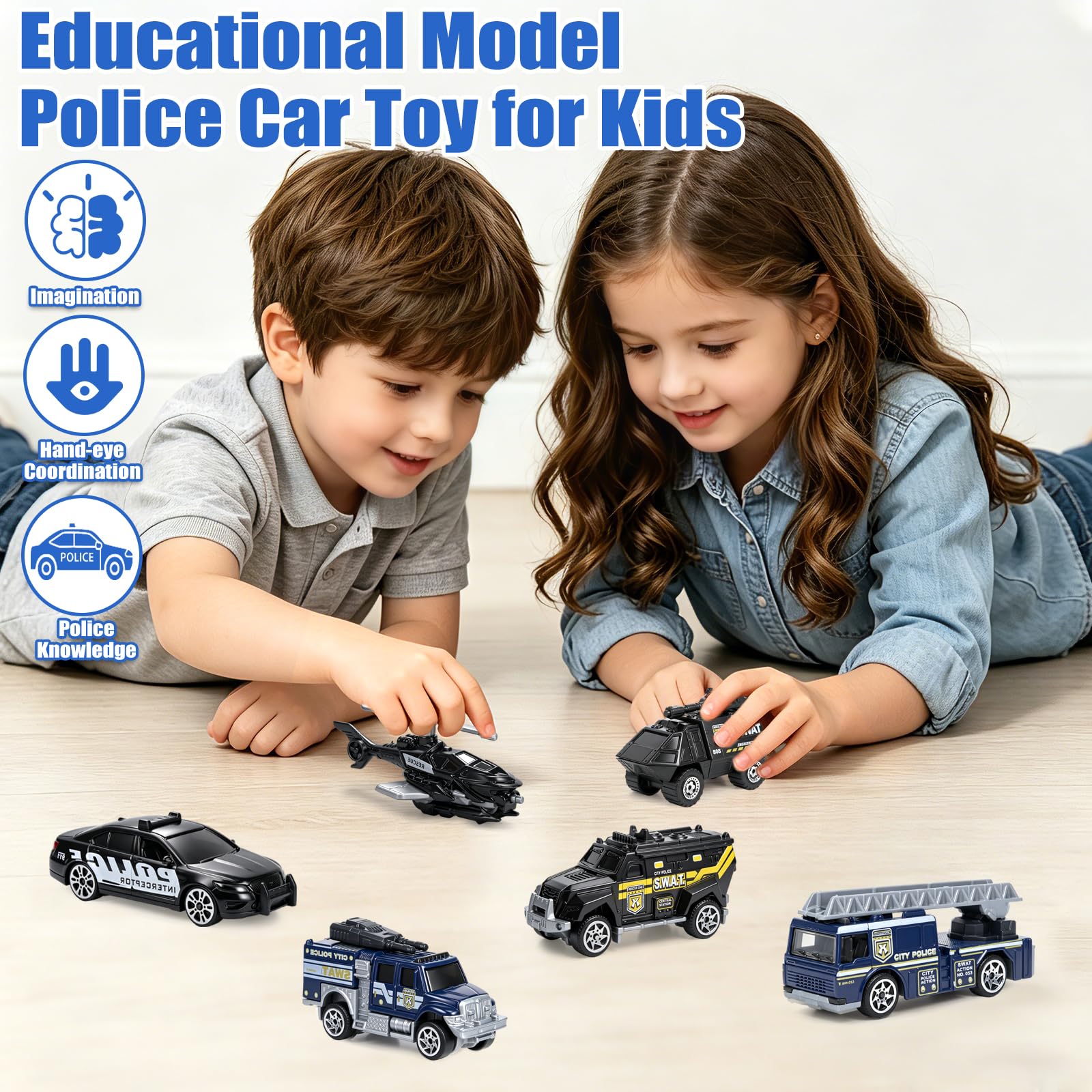 6-Pack Diecast Police Car Toy Set – Mini Alloy Models for Boys 3-7, Armored Vehicle, Rescue Truck, Military Helicopter