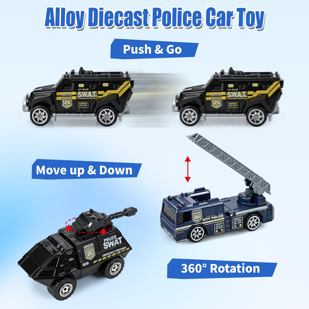 6-Pack Diecast Police Car Toy Set – Mini Alloy Models for Boys 3-7, Armored Vehicle, Rescue Truck, Military Helicopter
