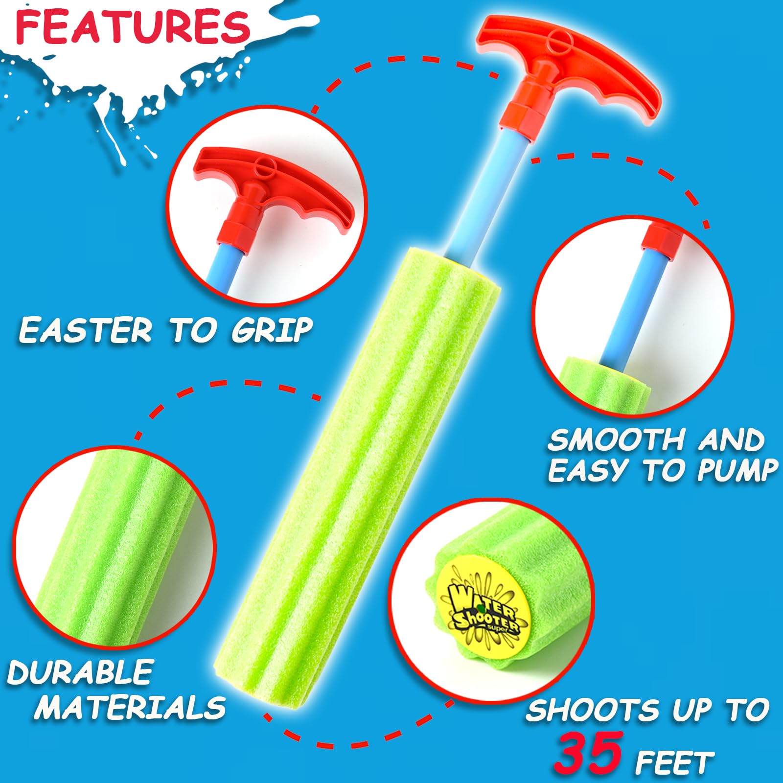 6-Pack Foam Water Blaster Soaker Guns for Kids & Adults – 33ft Range, Soft Foam, Multicolored
