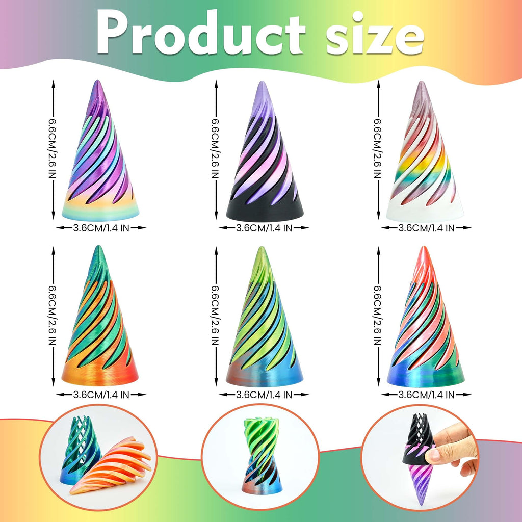 6-Pack Impossible Cone Fidget Toys – 3D Printed Spiral Pyramid Passthrough Sculptures, Stress Relievers for Adults & Kids (6 Colors)