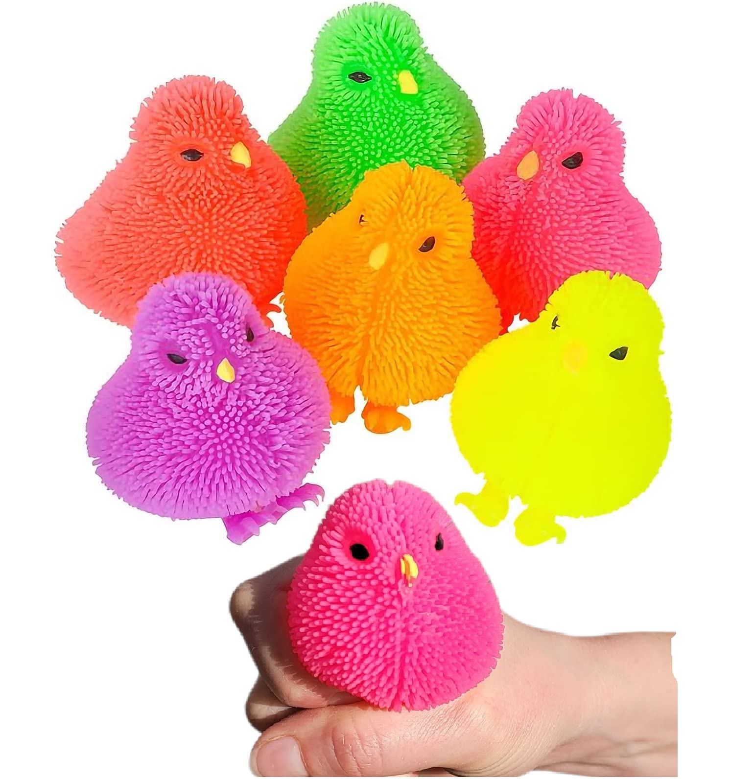 6-Pack Neon Color Chick Puffers (3-inch) - Stress Relief Soft Toys for Party Favors, ADHD, Autism