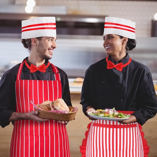 6-Piece 1950s Waiter Costume Kit – Red & White Striped Aprons, Chef Hats & Bow Ties for Themed Parties
