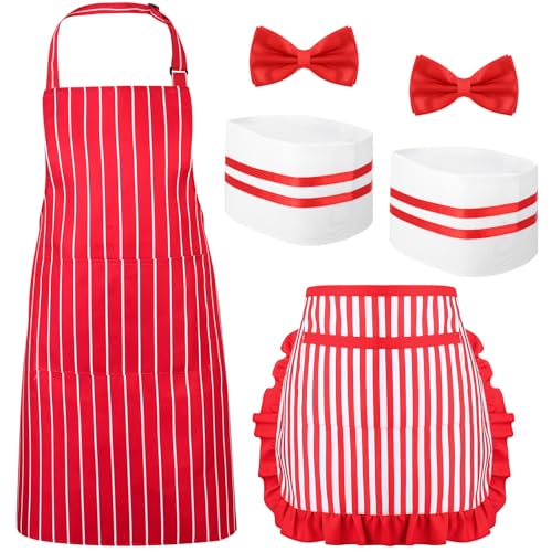 6-Piece 1950s Waiter Costume Kit – Red & White Striped Aprons, Chef Hats & Bow Ties for Themed Parties