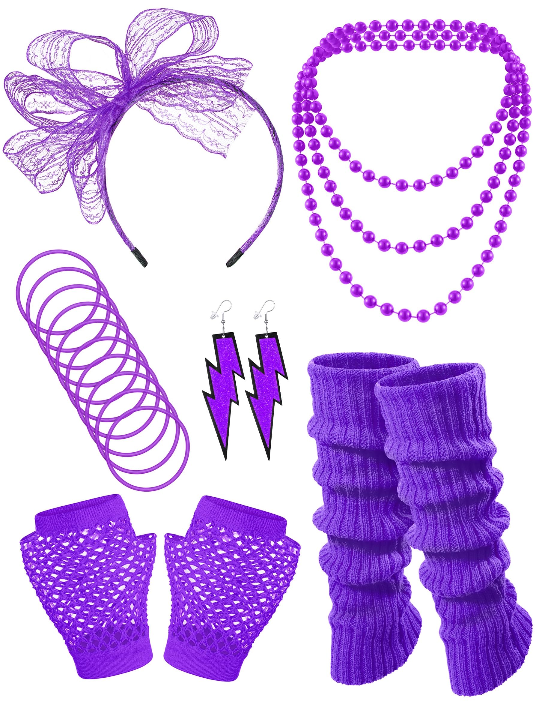 6-Piece 80s Fancy Dress Accessory Set – Neon Fishnet Gloves, Lace Headband, Earrings, Necklace, Bracelets, Leg Warmers for Women's Costume Party