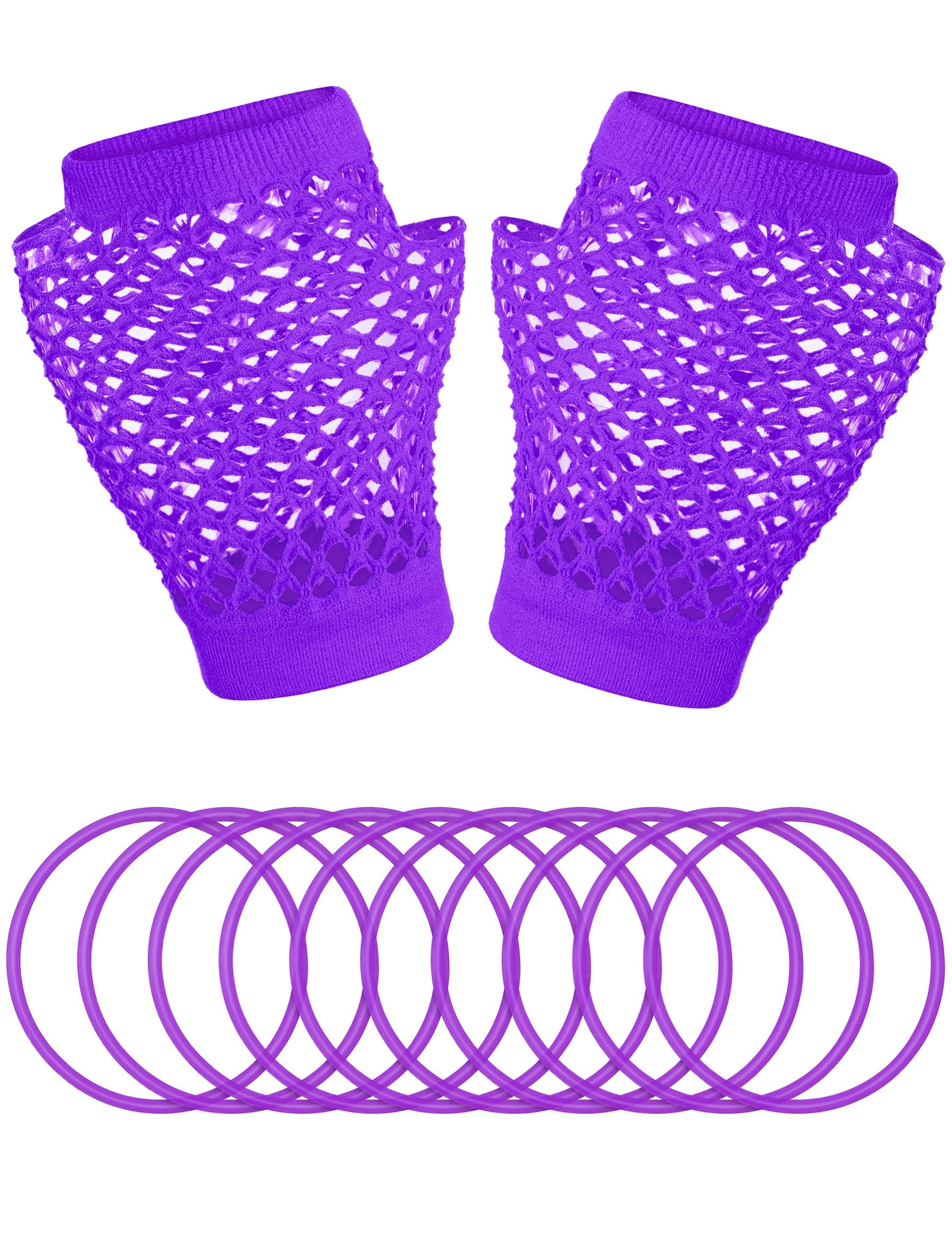 6-Piece 80s Fancy Dress Accessory Set – Neon Fishnet Gloves, Lace Headband, Earrings, Necklace, Bracelets, Leg Warmers for Women's Costume Party
