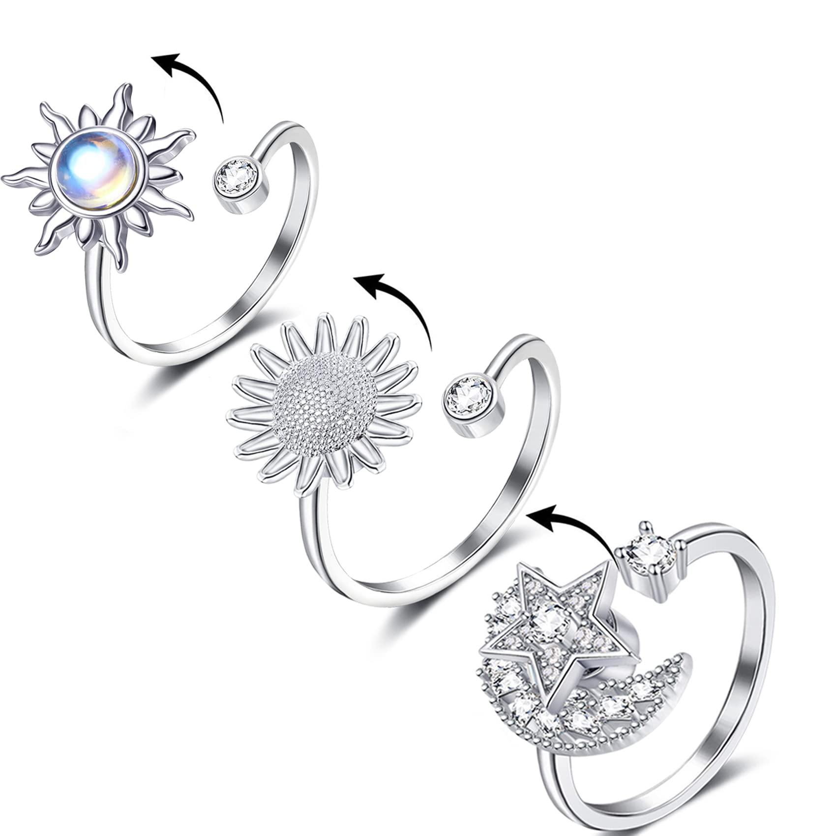 6-Piece Fidget Ring Set for Women – Adjustable Spinner Rings with Sunflower, Butterfly & Star Moon Designs by Honsny
