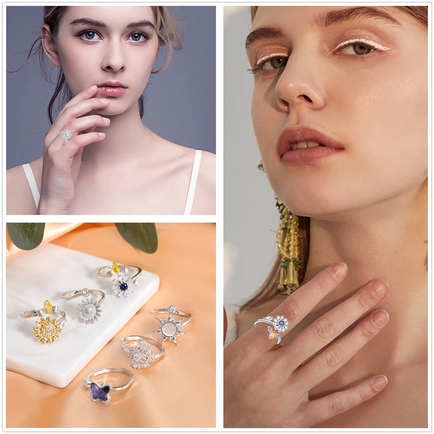 6-Piece Fidget Ring Set for Women – Adjustable Spinner Rings with Sunflower, Butterfly & Star Moon Designs by Honsny
