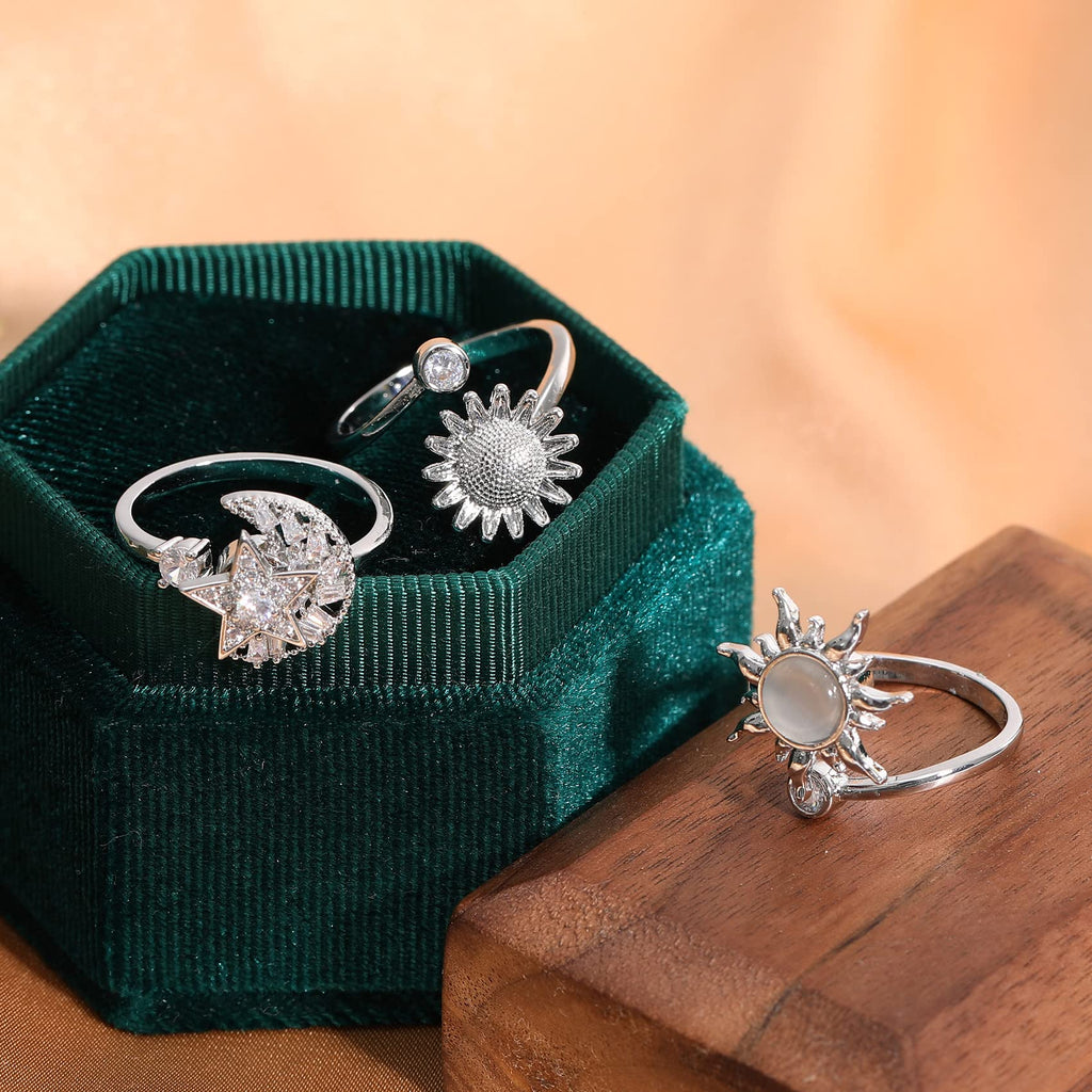 6-Piece Fidget Ring Set for Women – Adjustable Spinner Rings with Sunflower, Butterfly & Star Moon Designs by Honsny