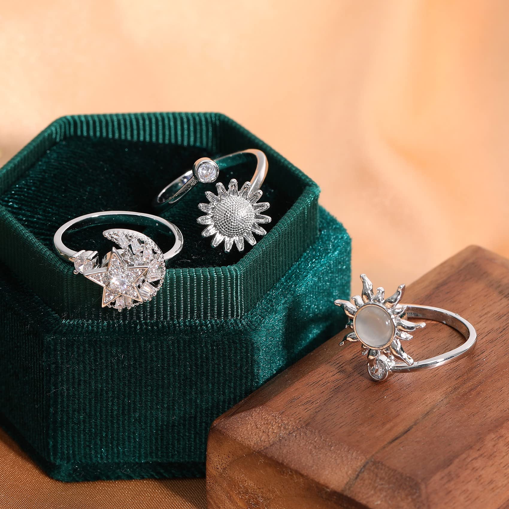 6-Piece Fidget Ring Set for Women – Adjustable Spinner Rings with Sunflower, Butterfly & Star Moon Designs by Honsny