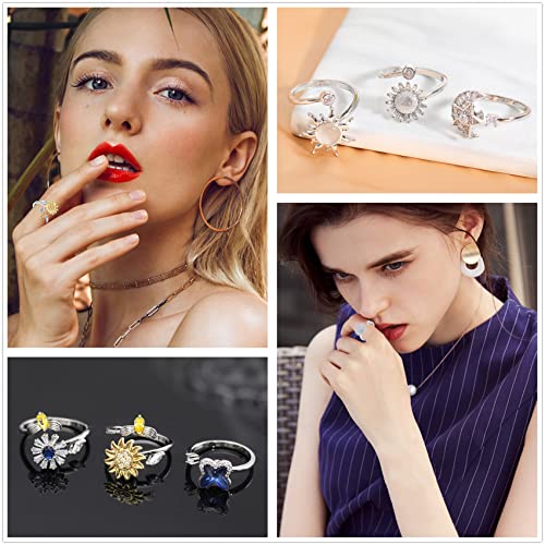 6-Piece Fidget Ring Set for Women – Adjustable Spinner Rings with Sunflower, Butterfly & Star Moon Designs by Honsny