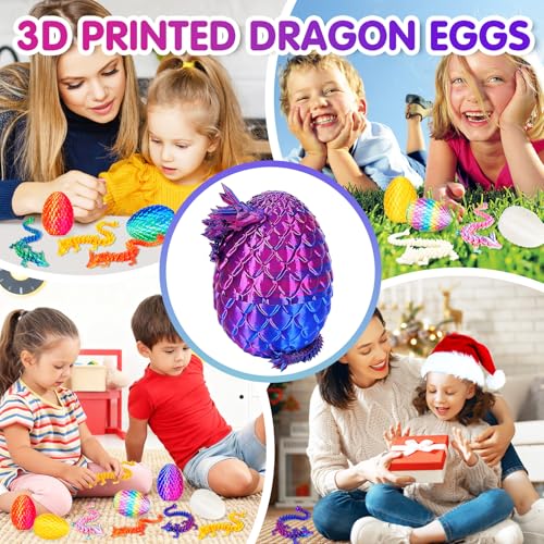 6-Piece Multicolor 3D Printed Dragon Egg Set with Articulated Dragons Inside – PLA Plastic, Threaded Twist Opening, Easter Basket Surprise Toy