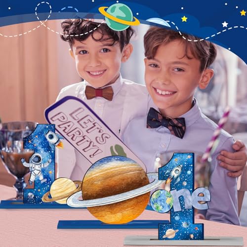 6-Piece Wooden First Birthday Space Theme Centerpieces - Planets, Rockets, Astronauts