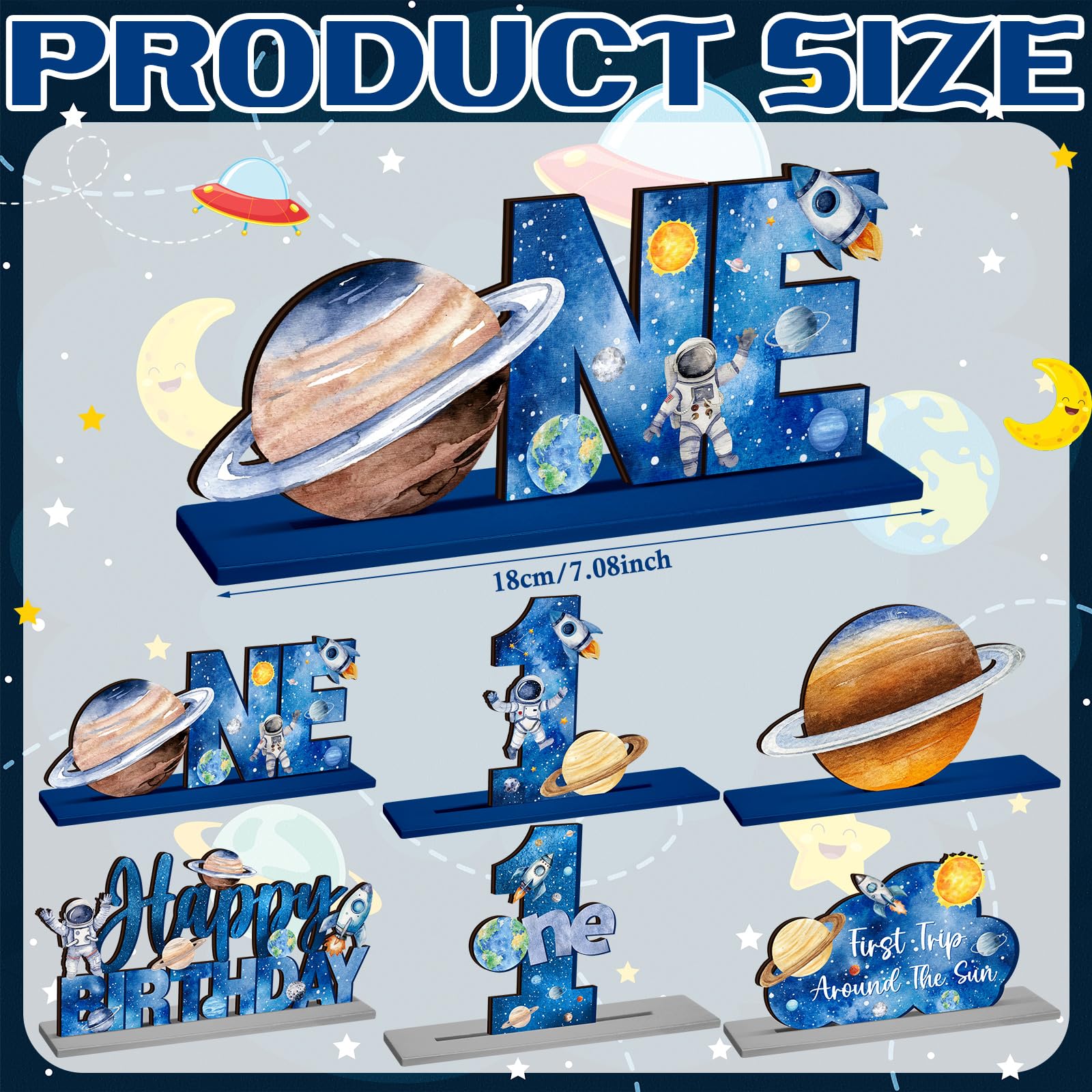 6-Piece Wooden First Birthday Space Theme Centerpieces - Planets, Rockets, Astronauts