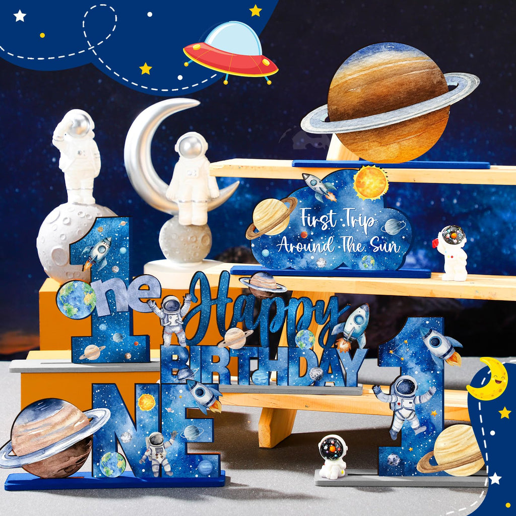6-Piece Wooden First Birthday Space Theme Centerpieces - Planets, Rockets, Astronauts