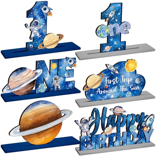 6-Piece Wooden First Birthday Space Theme Centerpieces - Planets, Rockets, Astronauts