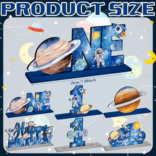 6-Piece Wooden First Birthday Space Theme Centerpieces - Planets, Rockets, Astronauts