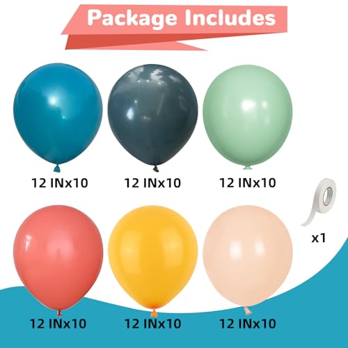 60 Boho Rainbow Balloons in Retro Teal, Slate Blue, Olive Green, Dark & Light Orange, Lemon Yellow - 12 inch Latex Party Balloons with Ribbon