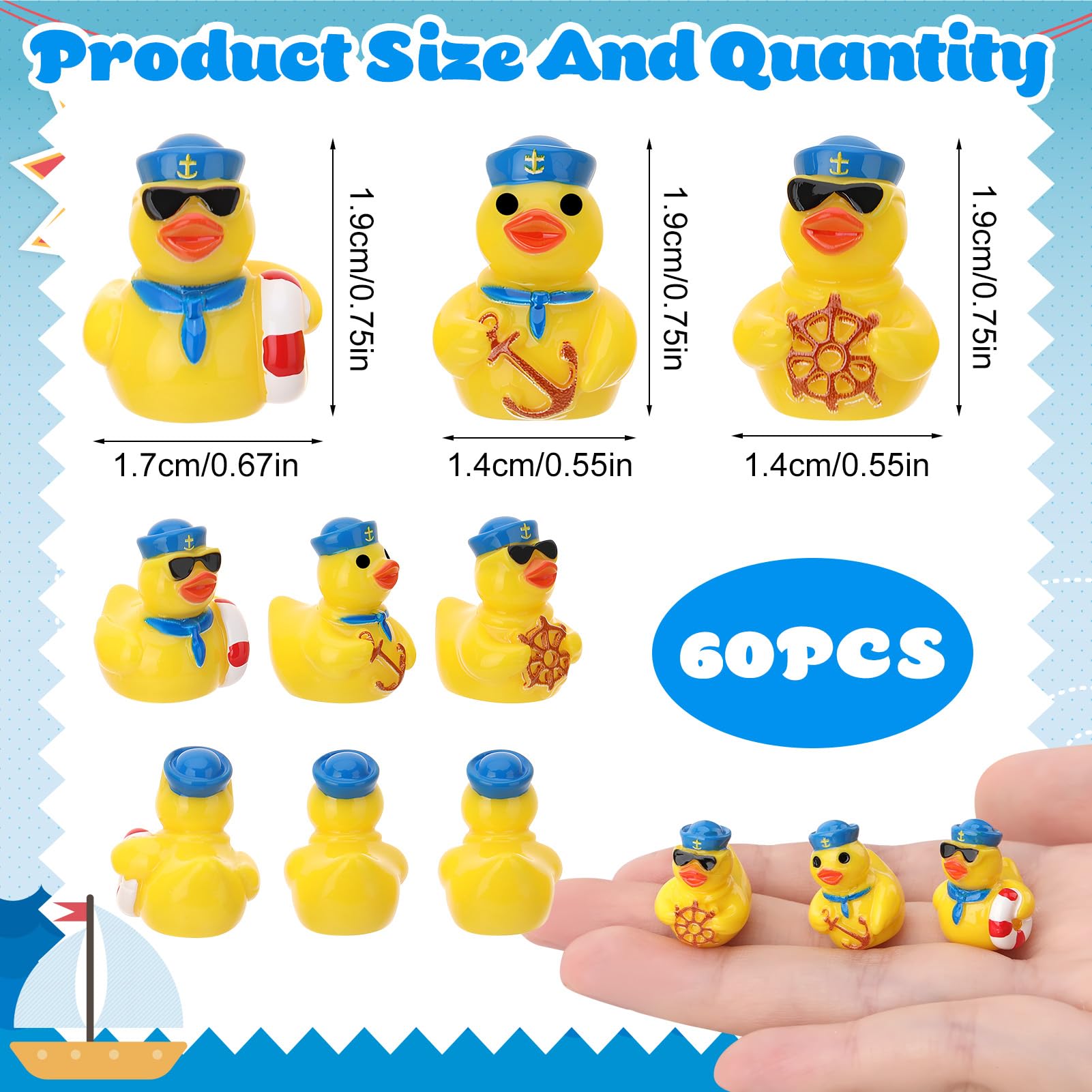 60 Mini Sailor Cruise Resin Ducks – Tiny Toy Figurines in 3 Styles for Hiding, Collecting, and Party Favors