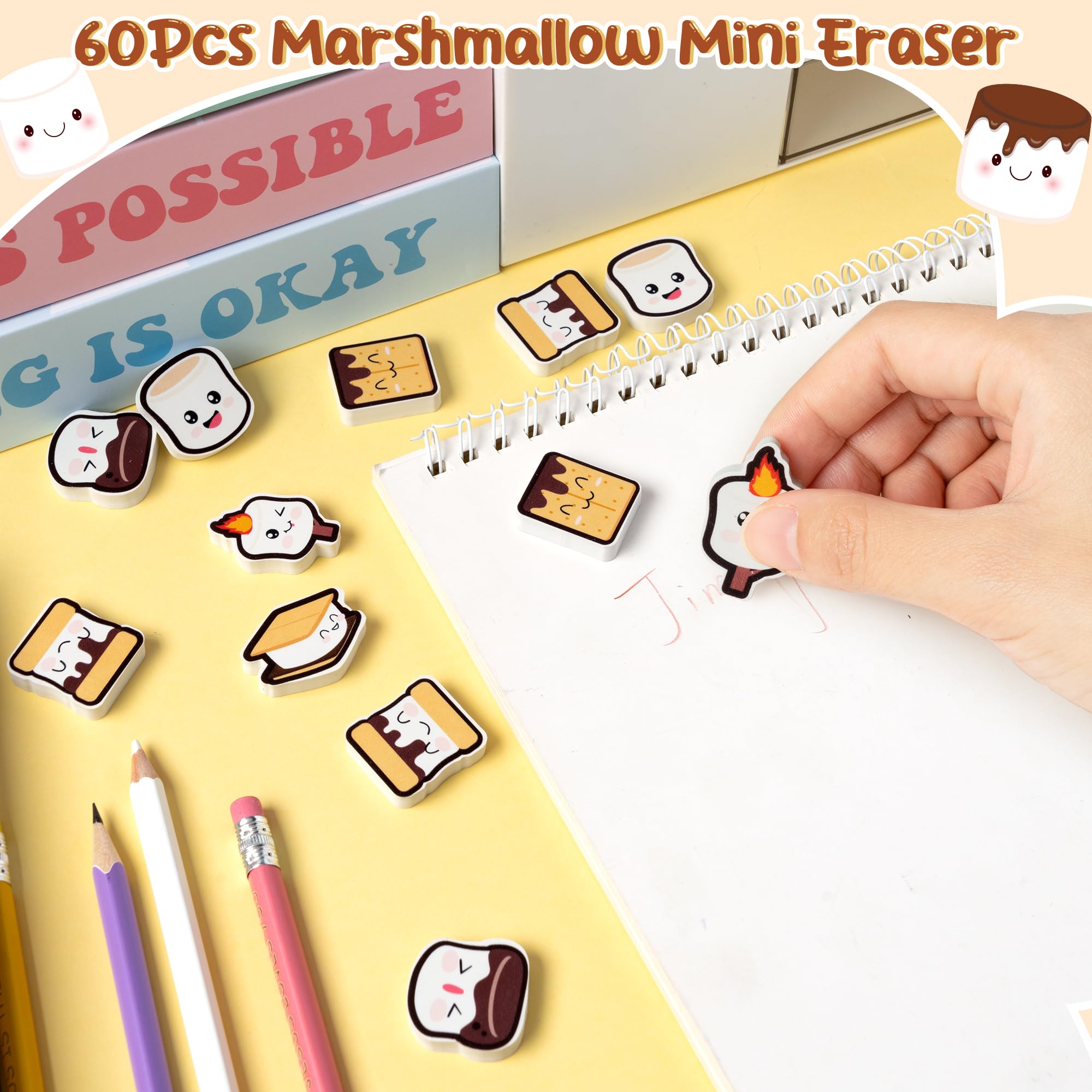 60-Pack Marshmallow Mini Erasers – Cute Camping-Themed Pencil Rubbers for Kids