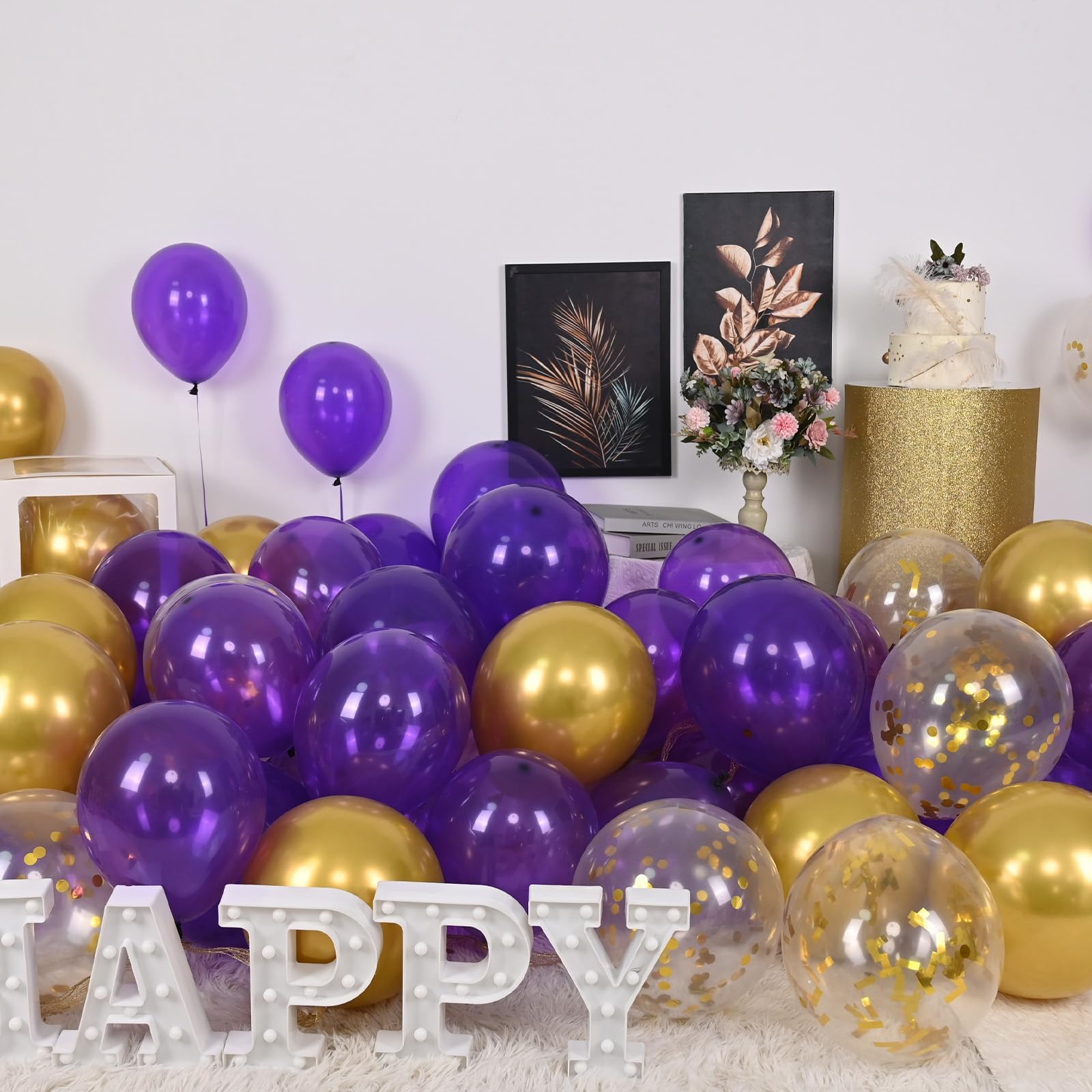 60-Pack Purple & Gold Confetti Balloons – 12 Inch Metallic Latex Party Decorations with Ribbons
