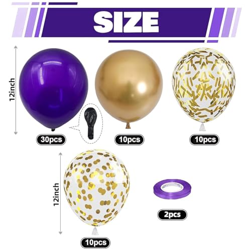 60-Pack Purple & Gold Confetti Balloons – 12 Inch Metallic Latex Party Decorations with Ribbons