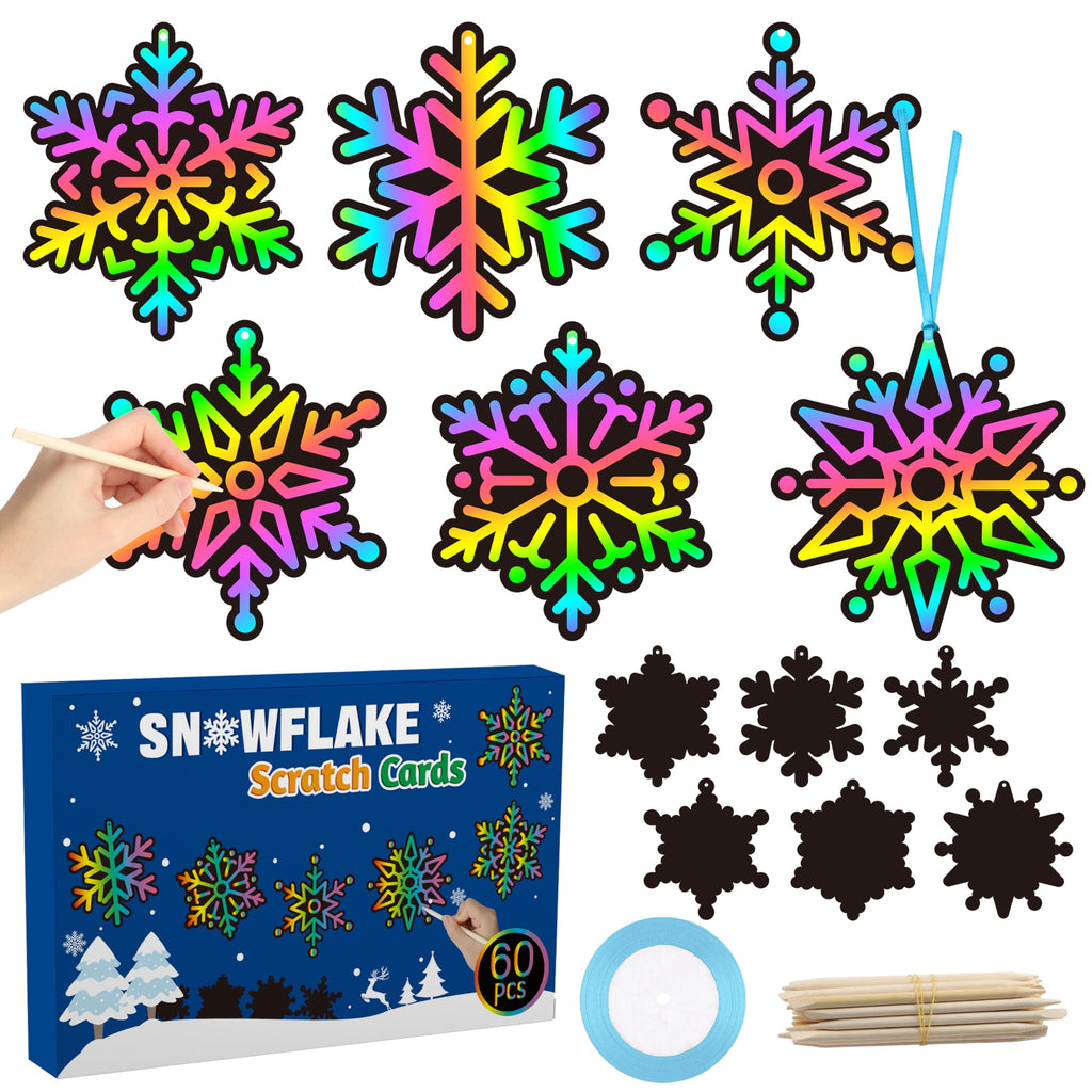 60-Pack Snowflake Scratch Cards for Kids – Winter DIY Rainbow Art Ornaments with Sticks & Ribbon