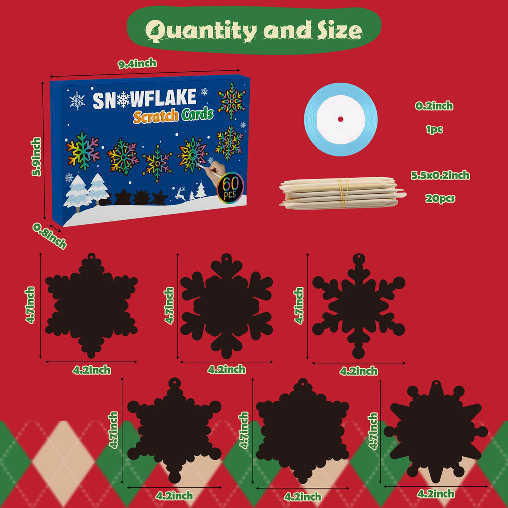 60-Pack Snowflake Scratch Cards for Kids – Winter DIY Rainbow Art Ornaments with Sticks & Ribbon