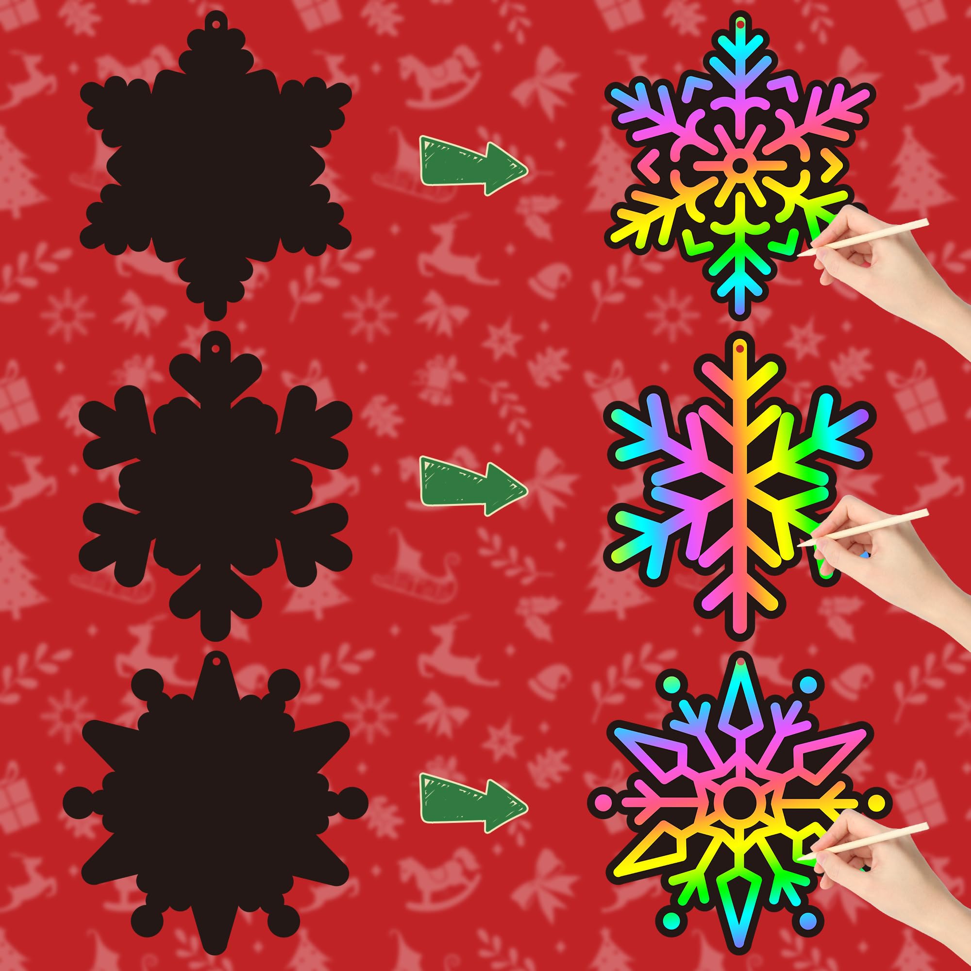 60-Pack Snowflake Scratch Cards for Kids – Winter DIY Rainbow Art Ornaments with Sticks & Ribbon