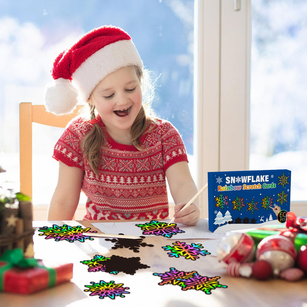 60-Pack Snowflake Scratch Cards for Kids – Winter DIY Rainbow Art Ornaments with Sticks & Ribbon