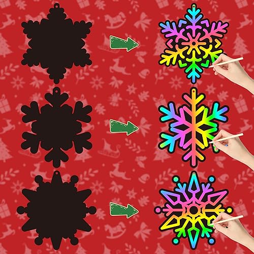 60-Pack Snowflake Scratch Cards for Kids – Winter DIY Rainbow Art Ornaments with Sticks & Ribbon