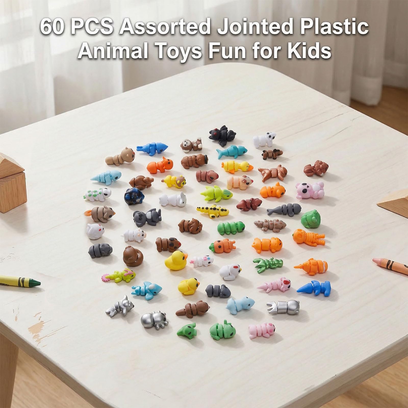 60-Piece 3D Printed Animal Figurines Mystery Pack – Articulated Fidget Toys for Stress Relief, Desk Decor, Party Favors