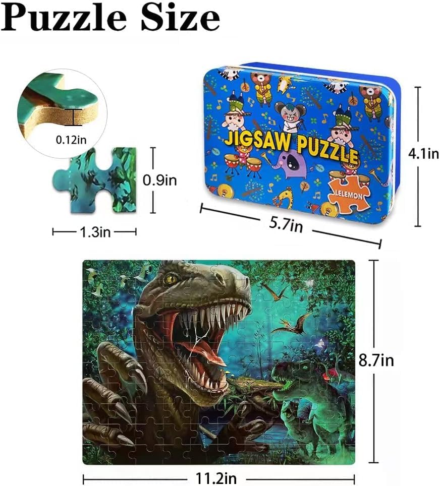 60-Piece Dinosaur Jigsaw Puzzle for Kids Ages 4-8 – Wood Puzzles in Metal Box, Fun Educational Toy for Boys & Girls