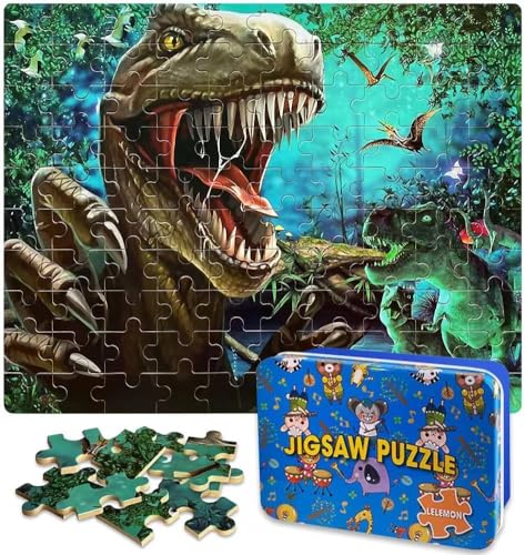 60-Piece Dinosaur Jigsaw Puzzle for Kids Ages 4-8 – Wood Puzzles in Metal Box, Fun Educational Toy for Boys & Girls