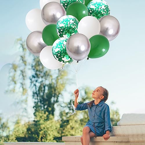 60-Piece Green and White Balloon Set – 12 Inch Emerald, Silver, and Glitter Confetti for Party Decor