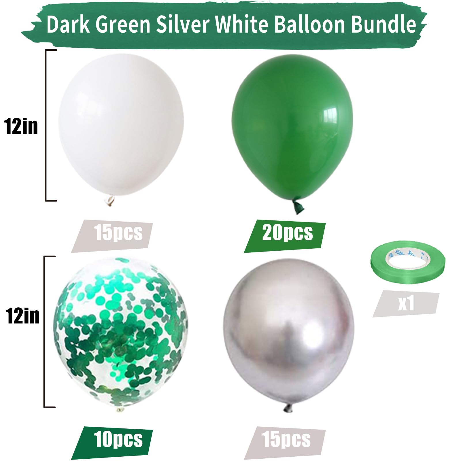 60-Piece Green and White Balloon Set – 12 Inch Emerald, Silver, and Glitter Confetti for Party Decor