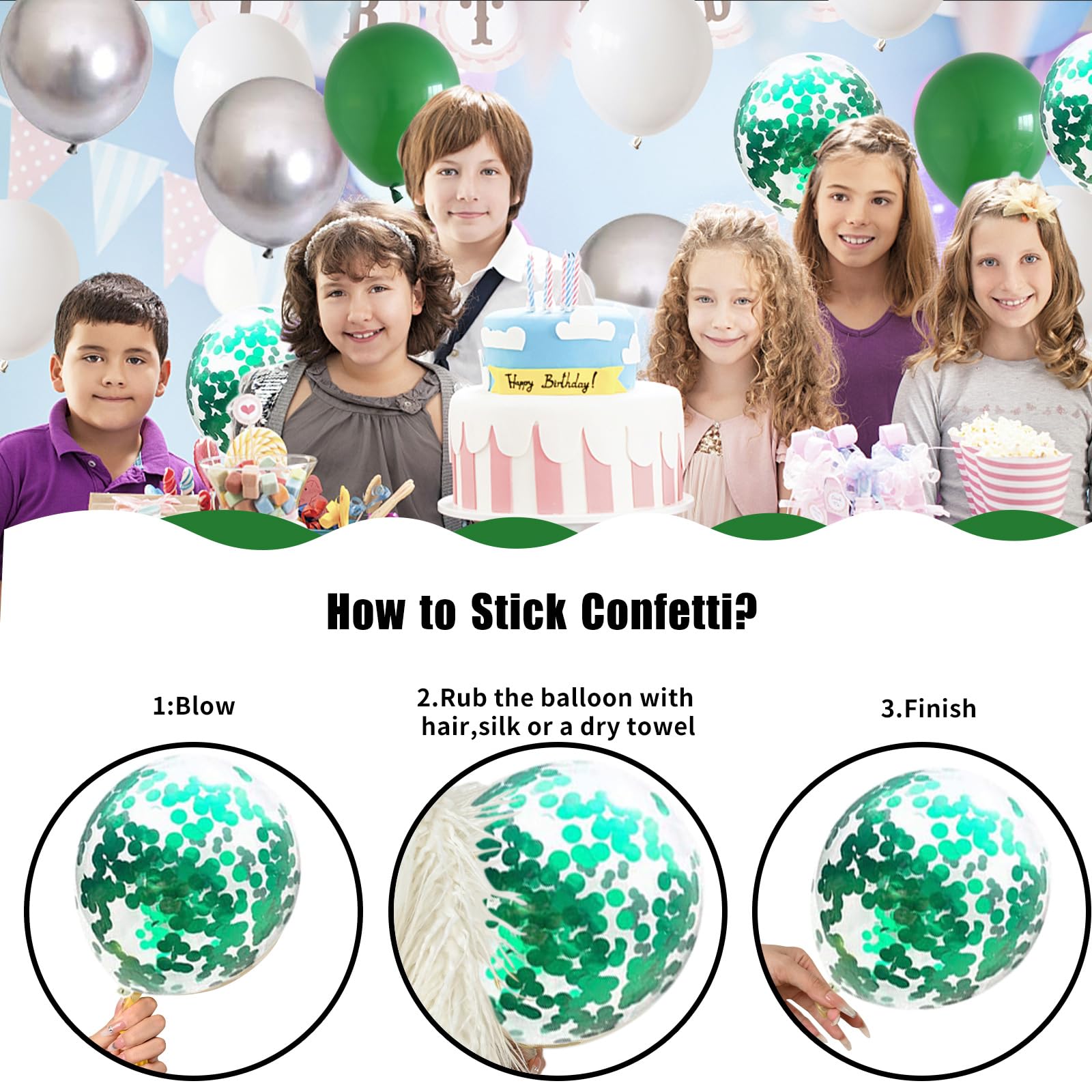 60-Piece Green and White Balloon Set – 12 Inch Emerald, Silver, and Glitter Confetti for Party Decor