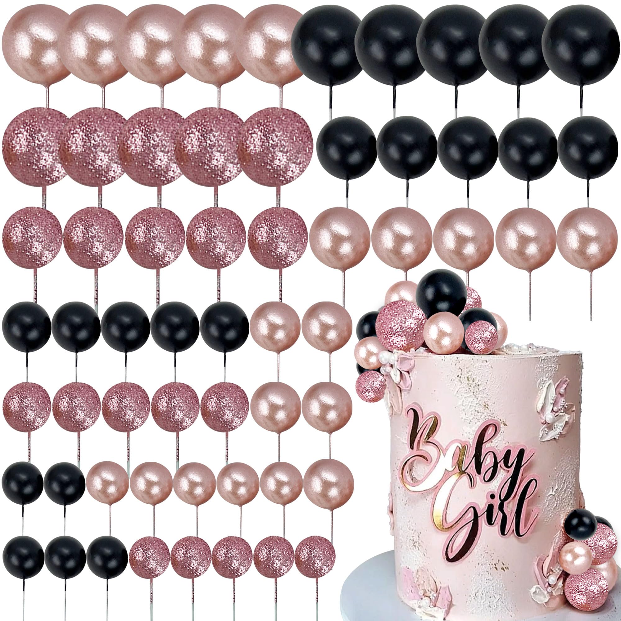 60-Piece Rose Gold & Black Cake Ball Topper Set for DIY Birthday Wedding Decor