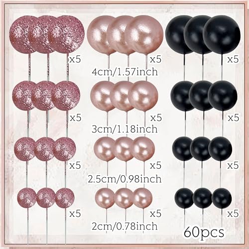 60-Piece Rose Gold & Black Cake Ball Topper Set for DIY Birthday Wedding Decor