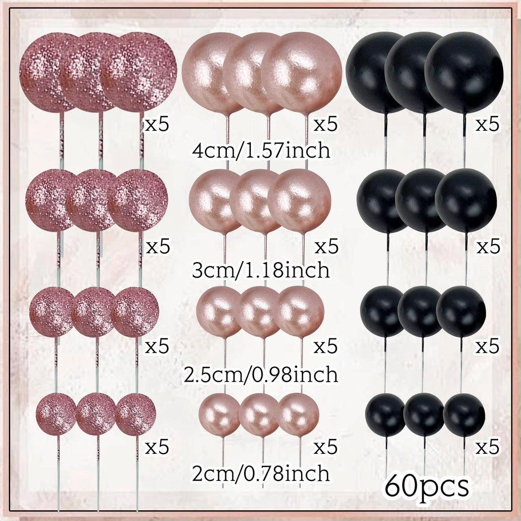 60-Piece Rose Gold & Black Cake Ball Topper Set for DIY Birthday Wedding Decor