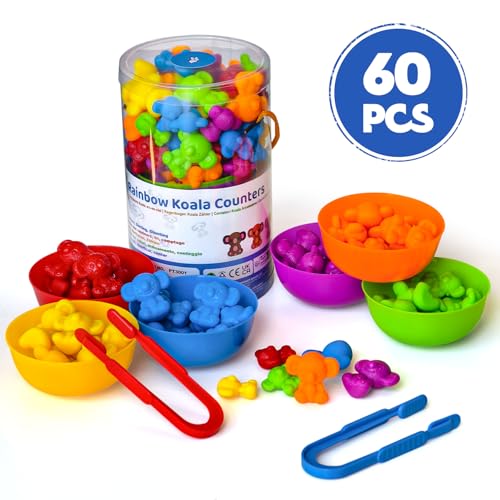 60 Rainbow Koala Counters with Sorting Bowls and Tweezers – Counting Toys for Toddlers Ages 3-6